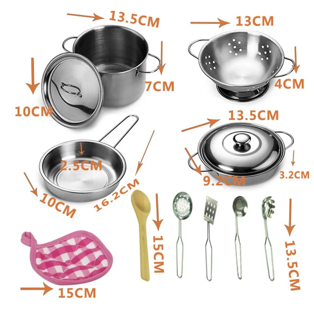 12pcs Girls Kids Mini Pretend Play Tools Stainless Steel Children Kitchen Cookware Pots Pans Food Toys Set Cooking Role Play