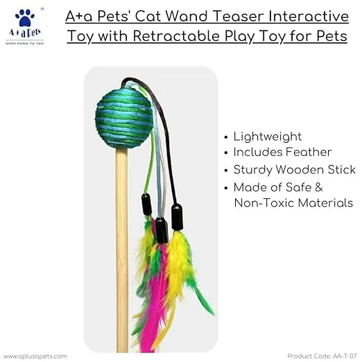 A a Pets' Cat Wand Teaser Interactive Toy with Round Feather Play - Black