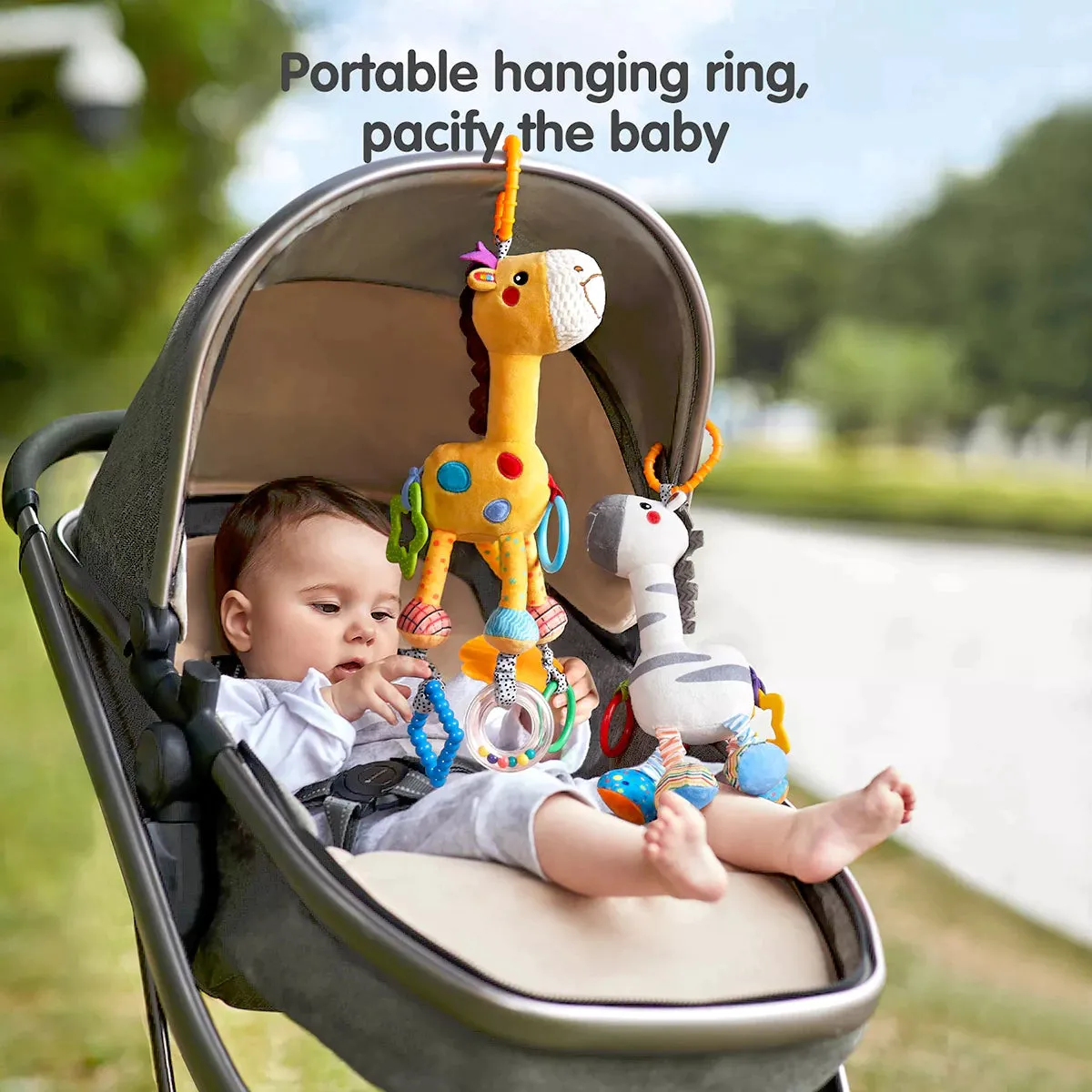 Baby hanging toys, plush giraffe zebra baby rattle teether squeaky sar seat stroller toy set