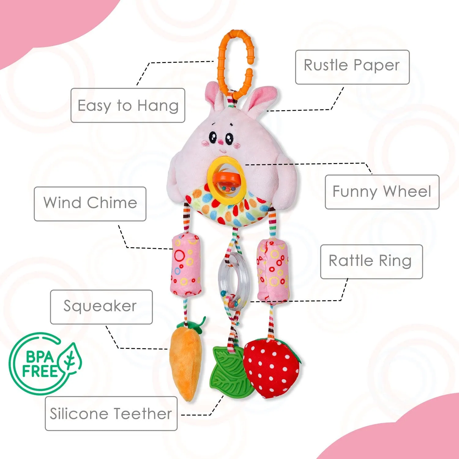 Baby Moo Berry And Carrot Wind Chime With Squeaker Hanging Toy With Teether - Pink