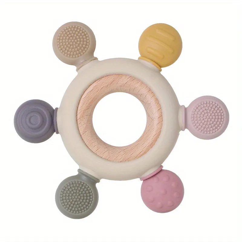 Baby Teething Toys Silicone Rudder With Wooden Ring Soothe Silicone Teether BPA Free  Babies Gums Grip Toys , Food Grade Silicone Chew Baby Toys, Soft Texture, Easy To Hold And Clean, Christmas Halloween Thanksgiving gifts