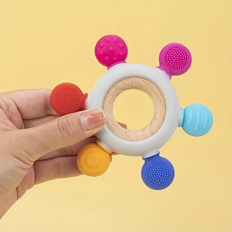 Baby Teething Toys Silicone Rudder With Wooden Ring Soothe Silicone Teether BPA Free  Babies Gums Grip Toys , Food Grade Silicone Chew Baby Toys, Soft Texture, Easy To Hold And Clean, Christmas Halloween Thanksgiving gifts