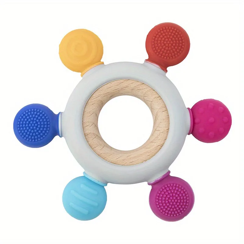 Baby Teething Toys Silicone Rudder With Wooden Ring Soothe Silicone Teether BPA Free  Babies Gums Grip Toys , Food Grade Silicone Chew Baby Toys, Soft Texture, Easy To Hold And Clean, Christmas Halloween Thanksgiving gifts