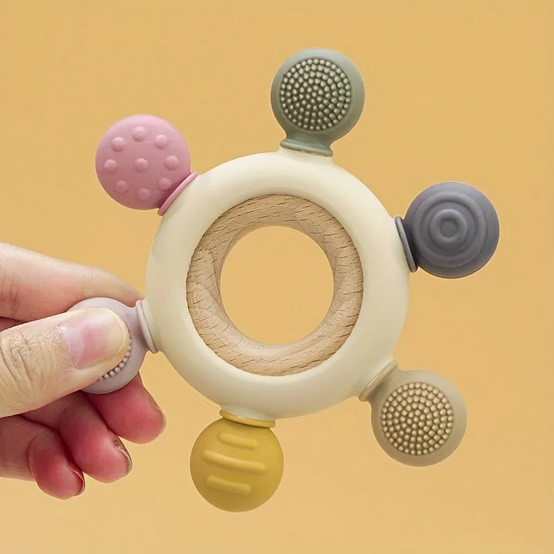 Baby Teething Toys Silicone Rudder With Wooden Ring Soothe Silicone Teether BPA Free  Babies Gums Grip Toys , Food Grade Silicone Chew Baby Toys, Soft Texture, Easy To Hold And Clean, Christmas Halloween Thanksgiving gifts