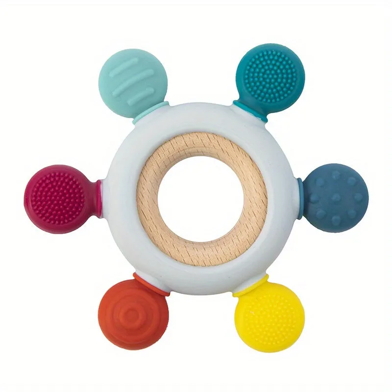 Baby Teething Toys Silicone Rudder With Wooden Ring Soothe Silicone Teether BPA Free  Babies Gums Grip Toys , Food Grade Silicone Chew Baby Toys, Soft Texture, Easy To Hold And Clean, Christmas Halloween Thanksgiving gifts