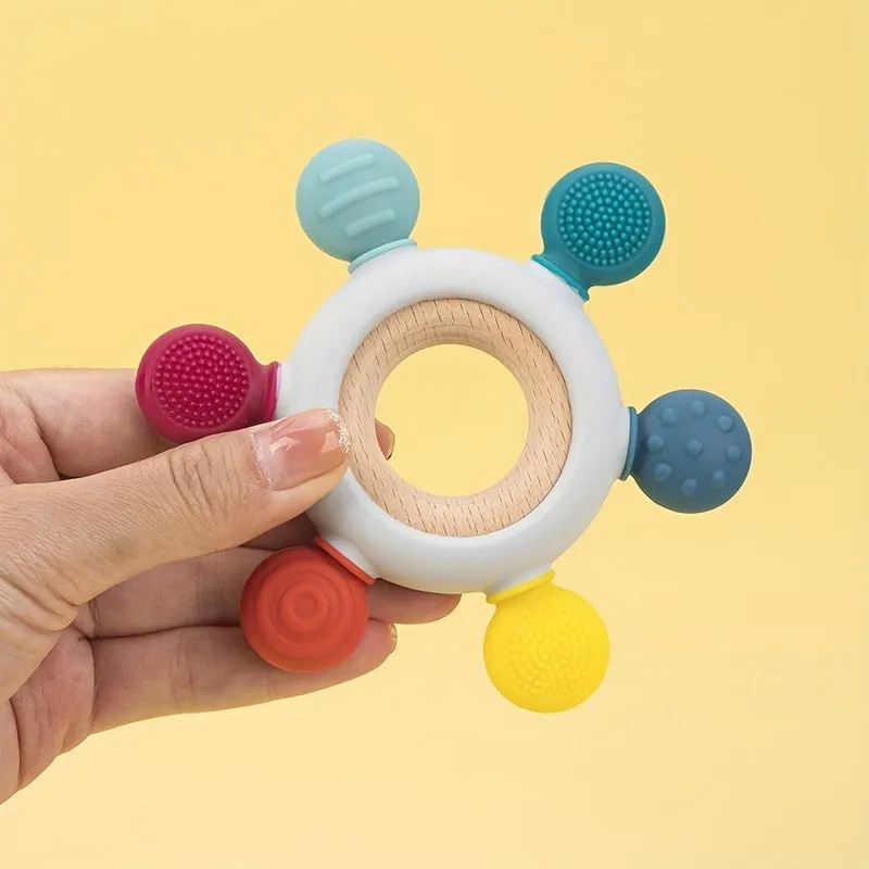 Baby Teething Toys Silicone Rudder With Wooden Ring Soothe Silicone Teether BPA Free  Babies Gums Grip Toys , Food Grade Silicone Chew Baby Toys, Soft Texture, Easy To Hold And Clean, Christmas Halloween Thanksgiving gifts