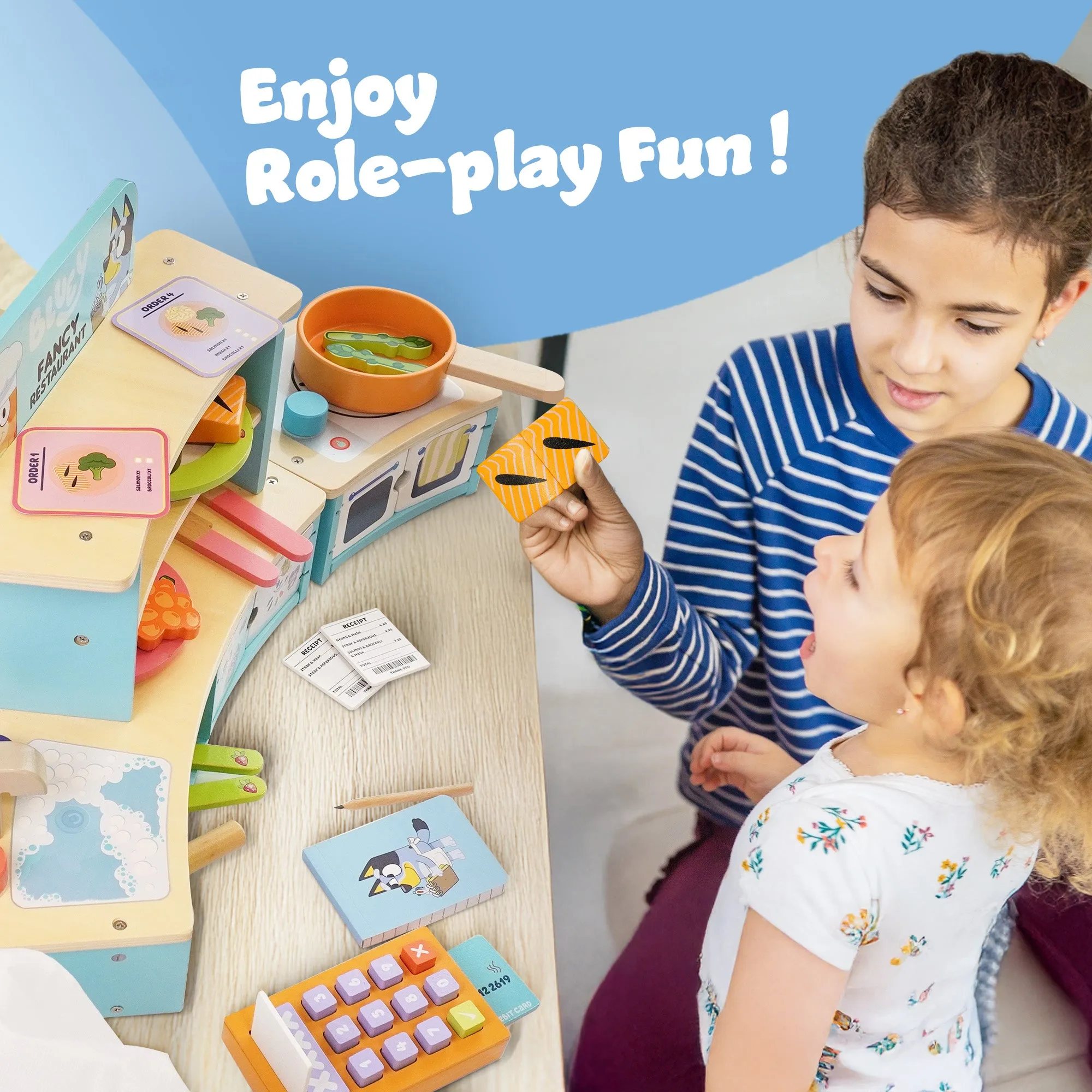 Bluey Tabletop Restaurant Playset – FSC Certified Wooden Pretend Play Kitchen Toy for Kids Aged 3 