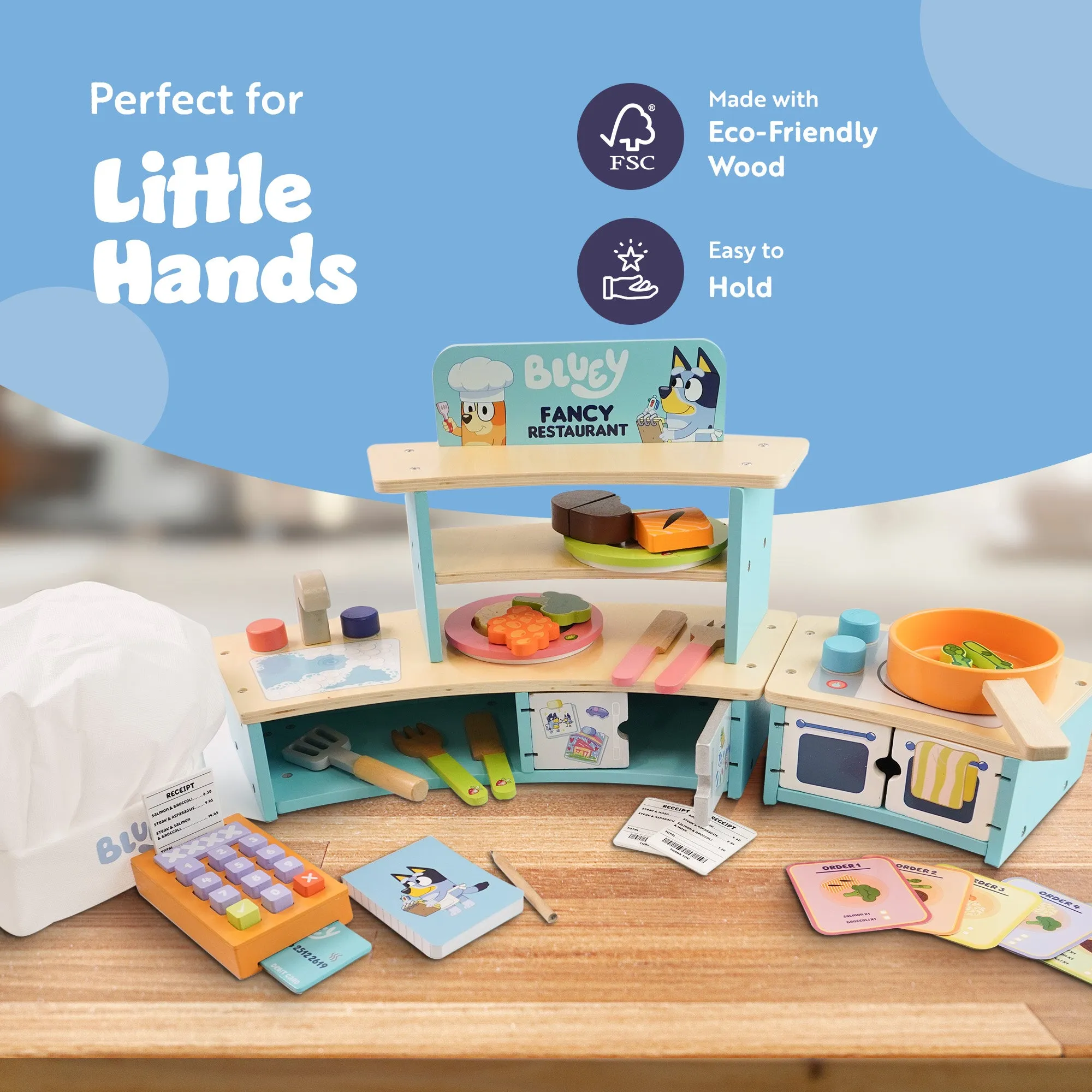 Bluey Tabletop Restaurant Playset – FSC Certified Wooden Pretend Play Kitchen Toy for Kids Aged 3 