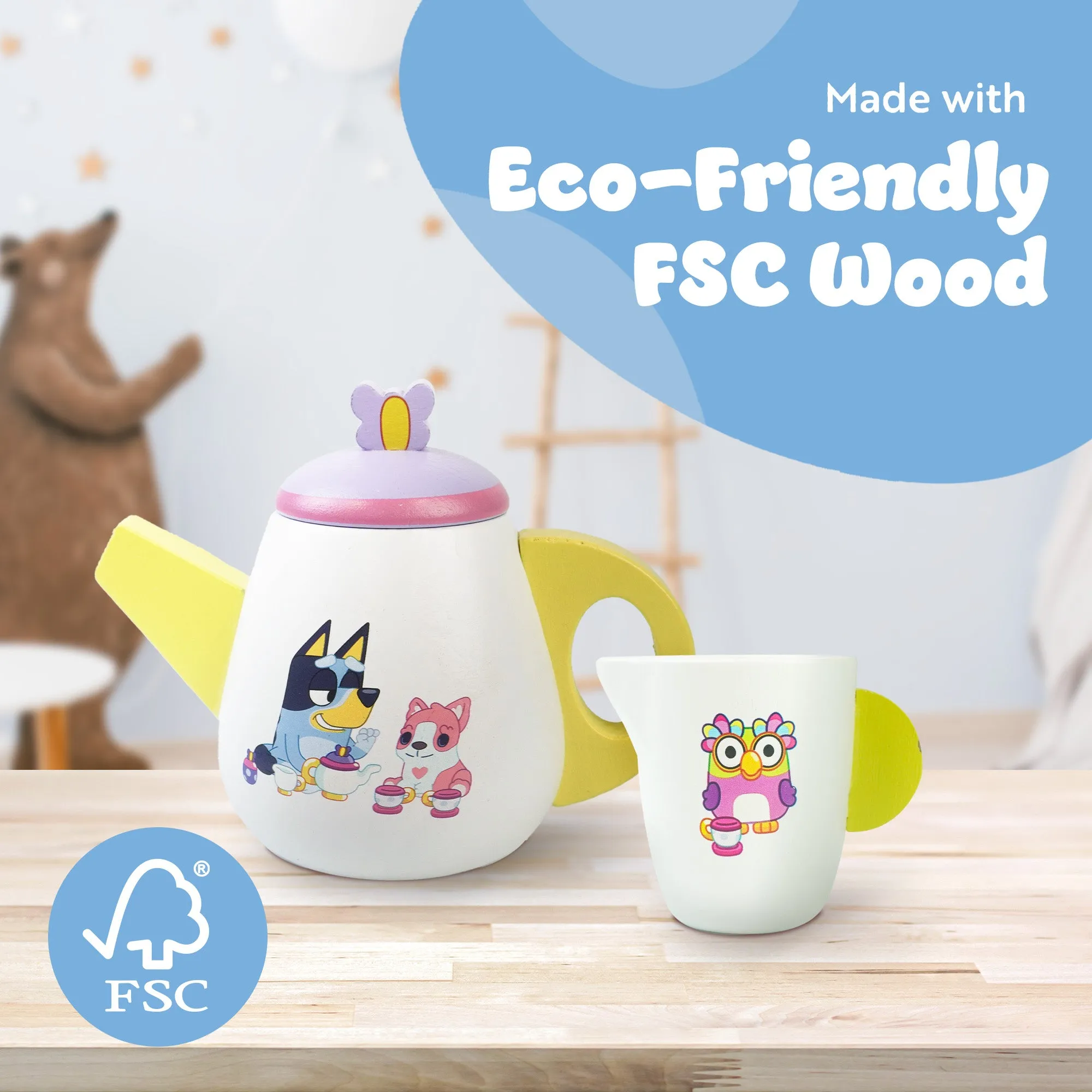 Bluey Wooden Tea Party Set – 18 Piece Pretend Play Set – FSC Certified Eco-Friendly Toy for Kids Aged 3 