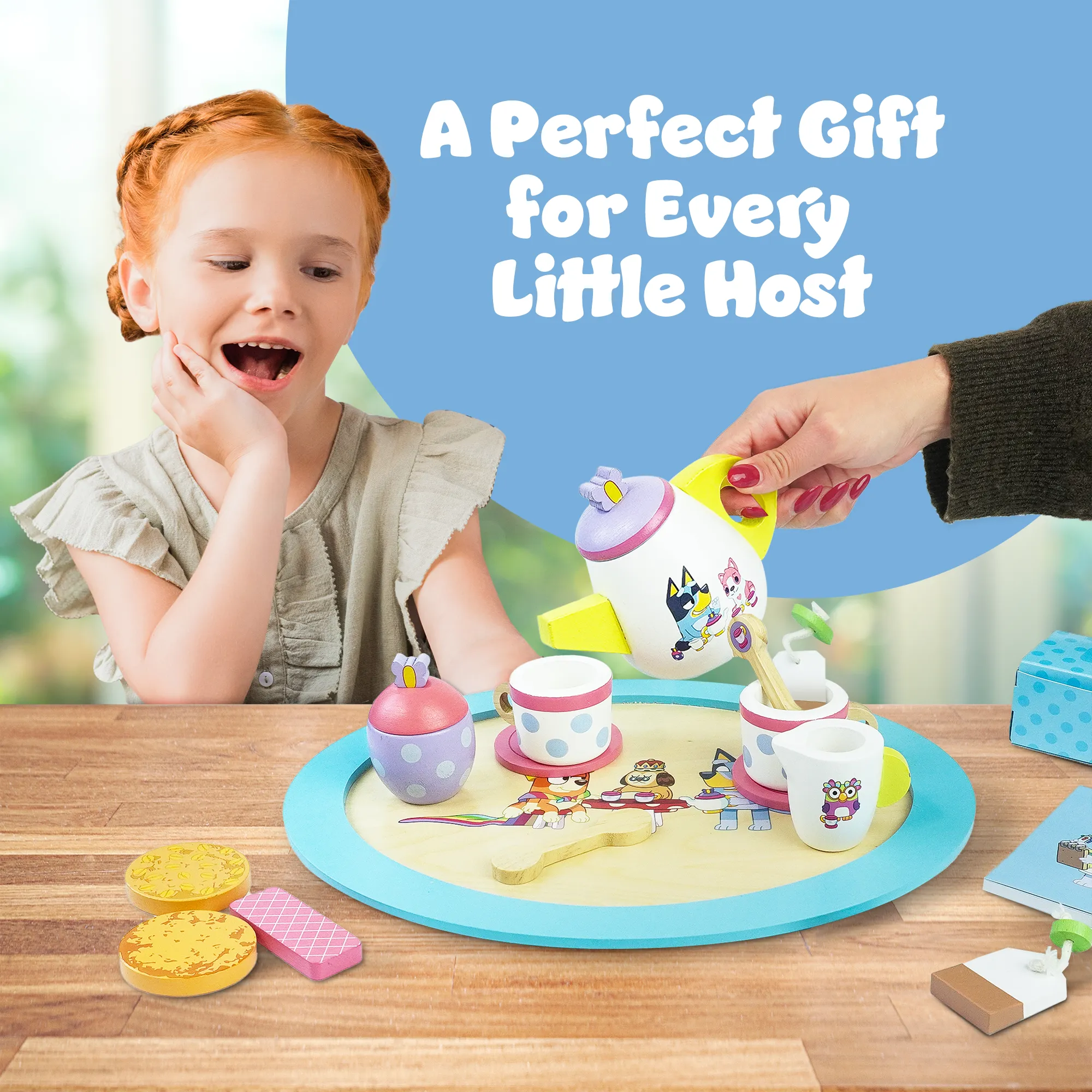 Bluey Wooden Tea Party Set – 18 Piece Pretend Play Set – FSC Certified Eco-Friendly Toy for Kids Aged 3 