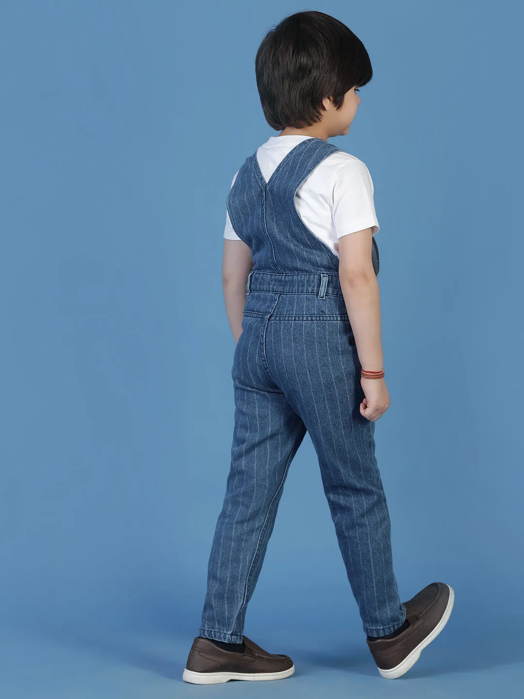 Boys Blue Cotton Striped Dungaree