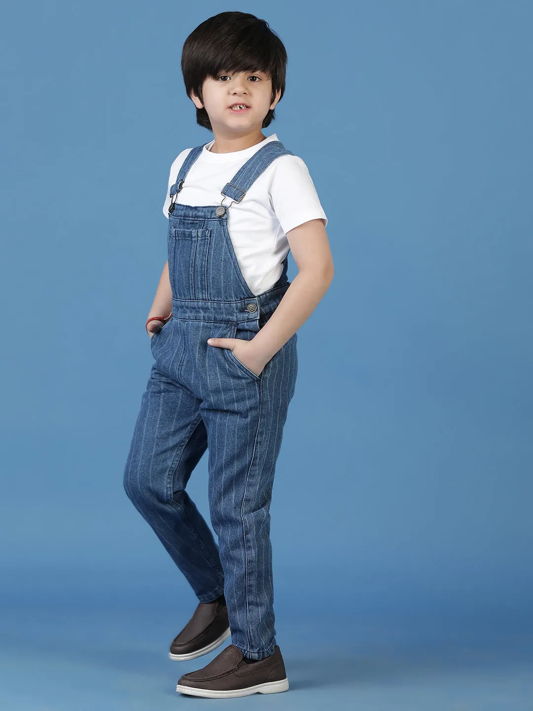 Boys Blue Cotton Striped Dungaree