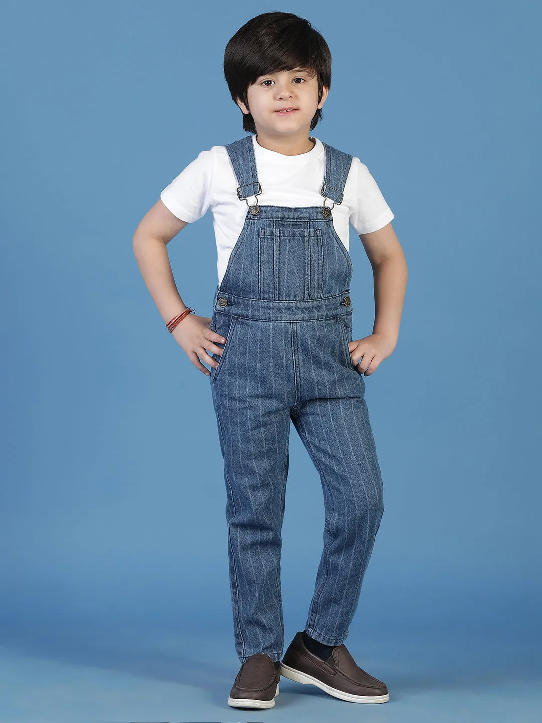 Boys Blue Cotton Striped Dungaree