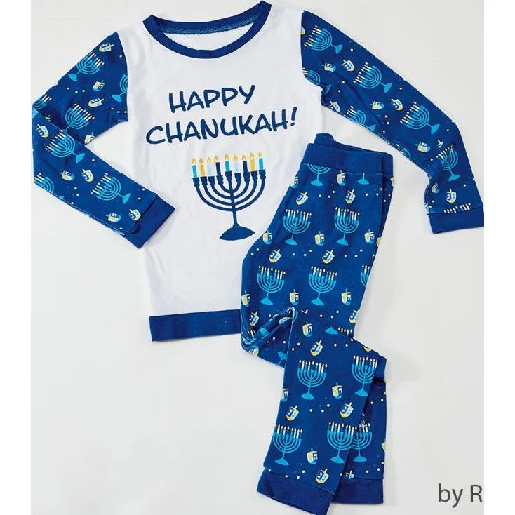 Happy Chanukah Pajamas For Kids Size 2T-3T  Menorahs and Dreidels 65%Cotton 35% Poly