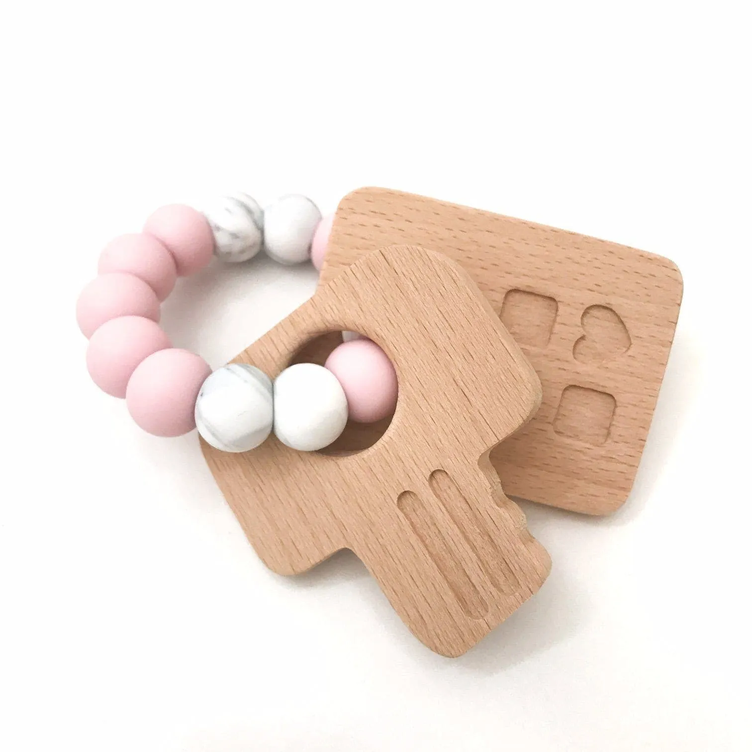 Keys To My Heart Silicone and Beech Wood Teether - Pink