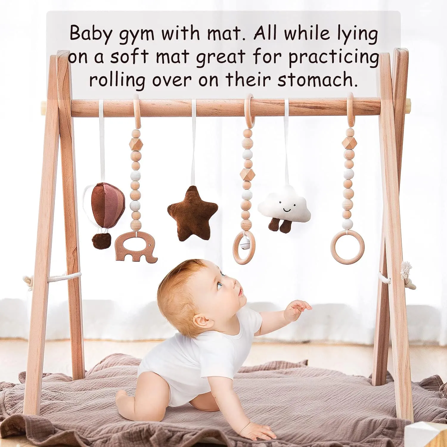 Wooden Baby Play Gym with 6 Sensory Toys – Foldable Play Mat