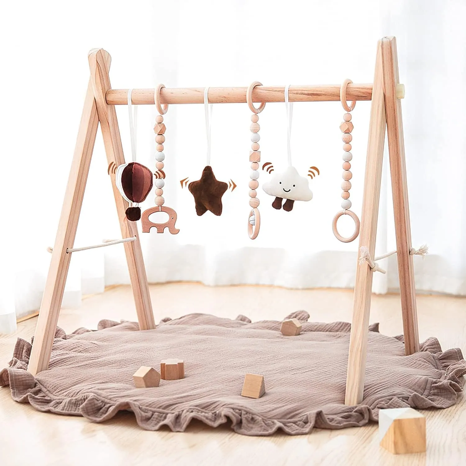 Wooden Baby Play Gym with 6 Sensory Toys – Foldable Play Mat