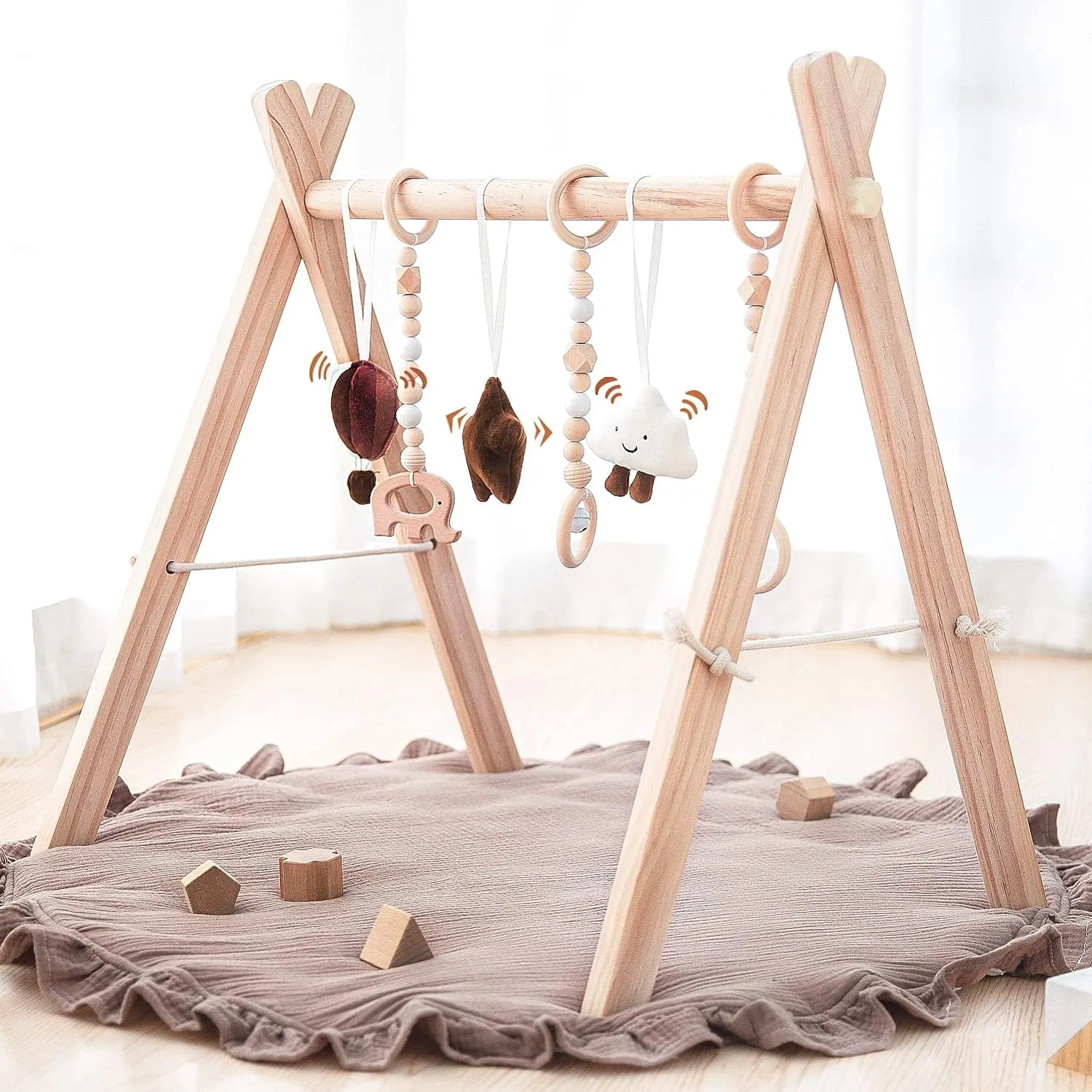 Wooden Baby Play Gym with 6 Sensory Toys – Foldable Play Mat