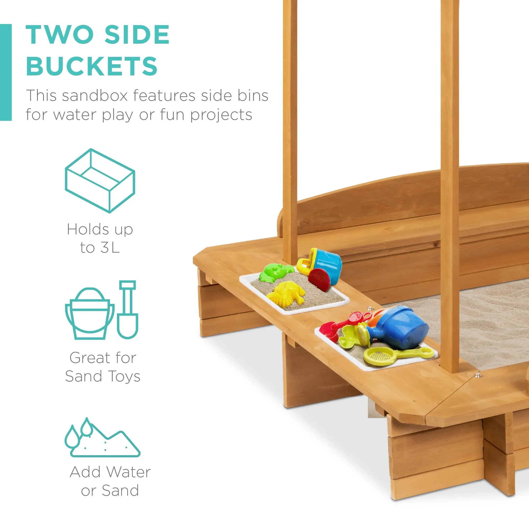 Wooden Cabana Sandbox w/ Benches, Canopy Shade, Sand Cover, 2 Buckets