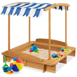 Wooden Cabana Sandbox w/ Benches, Canopy Shade, Sand Cover, 2 Buckets